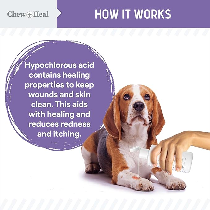 Chew + Heal Labs Hypochlorous Acid Lotion for Dogs – 4oz Dog Wound Spray for Cuts, Burns, Sores, Abrasions, and More – Non Toxic and Chemical Free Hot Spot Lotion – Made in the USA