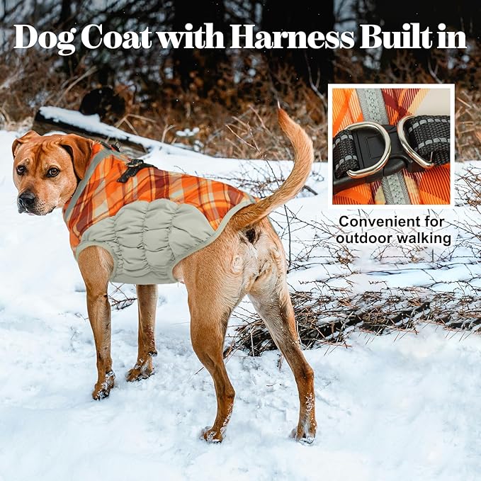 Lelepet Warm Dog Winter Coat Dog Coats for Large Dogs Waterproof Dogs Jacket with Harness Built in Reflective Cold Weather Coats Windproof Zip-Up Winter Fleece Vest Snowsuit Boxer Orange Plaid XL