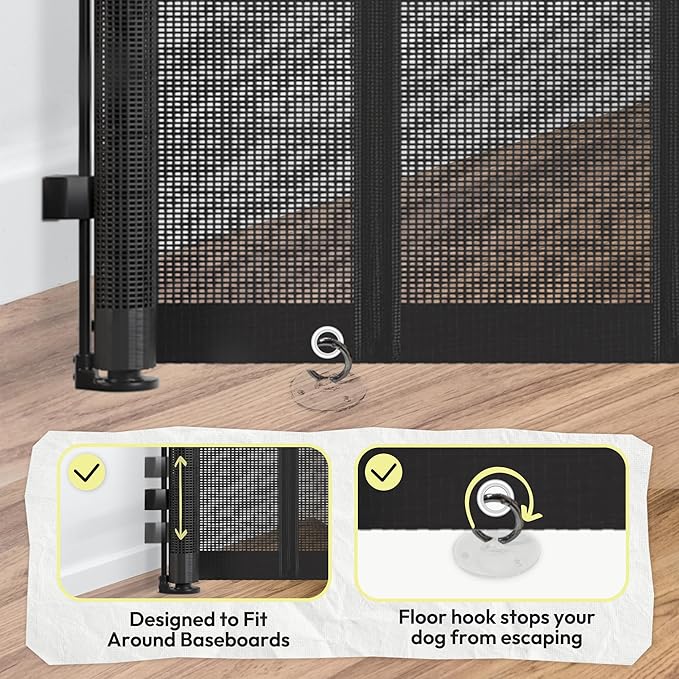 34" H Tall Mesh Dog Gate Extends Up to 200" W Retractable Pet Gate with Drill Installation, Preventing Crawling Through for Stairs, Doorways, Indoor & Outdoor (Black)