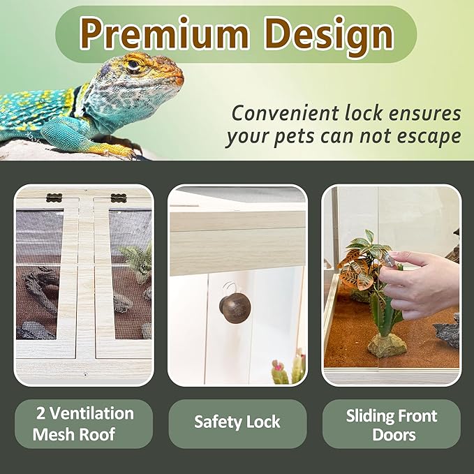PROLEE Reptile Enclosure with Leg, 30 Gallons Bearded Dragon Tank, Tempered Glass Lizard Tank with Metal Mesh Tops and Lockable Door, Spacious Reptile Habitat for Snake,Lizard (Oak)