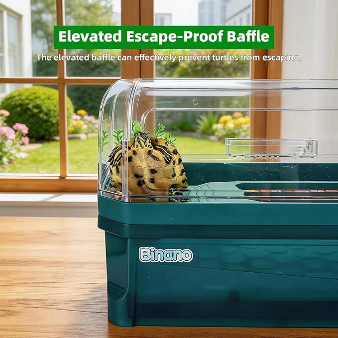 Turtle Tank Kit with 3-Stage Filter, Basking Platform & Heat Lamp - Complete Turtle Aquarium Habitat for Water Turtles, Enclosure or Hermit Crab Tank, Easy Drain Starter Kit Green, 25.9Inch