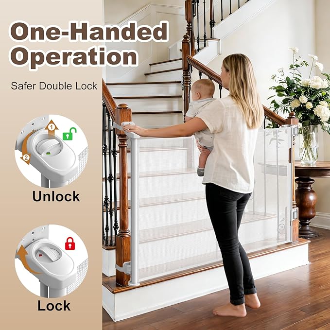 Upgraded Retractable Baby Gates for Stairs & Banister, Mesh Dog Gate Indoor, Extends to 55" Wide 33" Tall, Child Safety Gate for Stairway, Banister & Wall Mount (White)