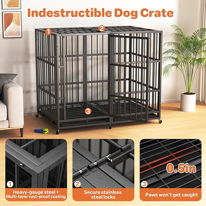 54 in Heavy Duty Dog Crate for Large Dogs, Dog Kennel Indoor with Removable Tray and Lockable Wheels, Easy to Clean, XL Dog Cage for Large and Medium Dogs