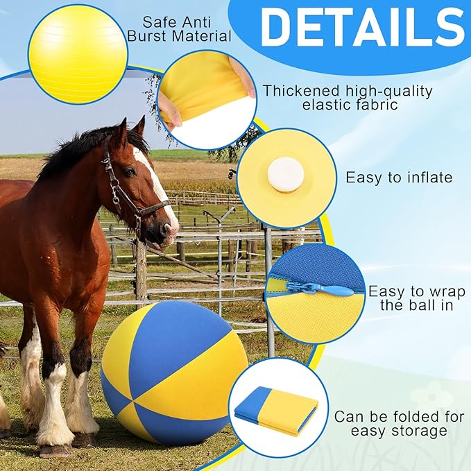 40 Inch Giant Herding Ball with Ball Cover Anti Burst Please Watch VCR for How to Inflation Horse Toys for Horses Entertainment Play, Pump Included(Cute, Blue, Yellow)
