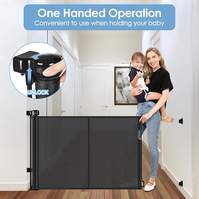 Reinforced Retractable Baby Gates with Support Rods, Extends up to 55” Wide, Retractable Dog Gate for Doorways Prevent Bottom Crawling Through, Mesh Pet Gate for Stairs Indoor Outdoor, Black