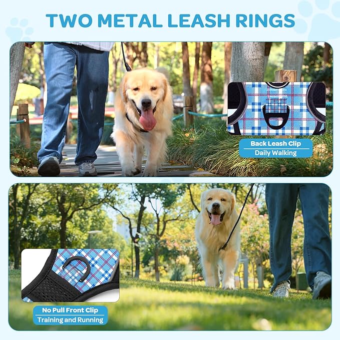 FURRYFECTION Plaid Dog Harness for Large Dogs, Reflective No Pull Adjustable Pet Vest with Front Clip, Leash, Easy Control Handle and Seat Belt, Blue&White, L