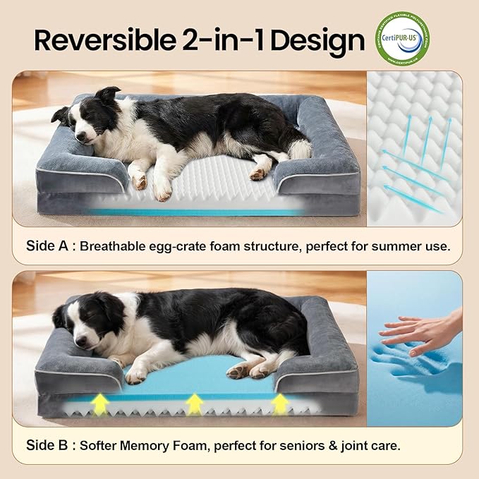 OhGeni Orthopedic Dog Bed Couch Cat Sofa for Large Sized Pets with Memory Foam, Machine-Washable Waterproof Removable Cover, Soft Comfortable Fabric, 38-inch (Gray)