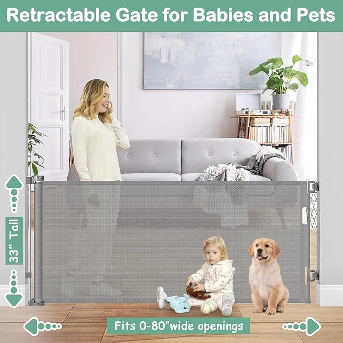 BETERTEK 80 Inch Wide Retractable Baby Gates for Dogs Indoor, Anti-Scratch Mesh Pet Gate for Doorways, 33” Tall Retractable Outdoor Gate for Decks, Anti-Climb Safety Mesh Gates for Kids or Pets, Gray