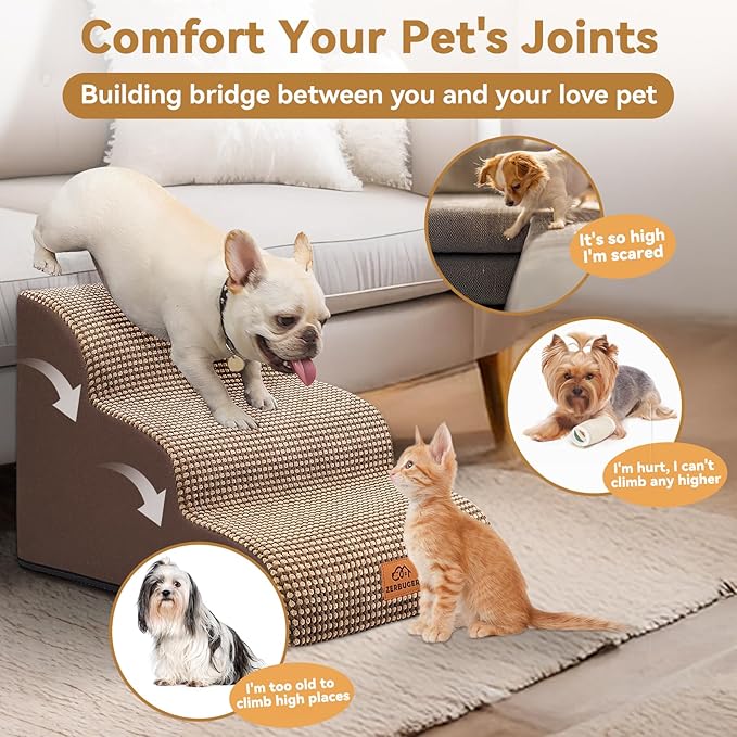 Zerbuger Dog Ramp and Stair for Bed 16" H-20 H,3-Step Cat Stair for Sofa and Chair,4-Step Dog Ramp for High Bed and Window,Durable Nonslip Fabric Cover for Indoor (Coffee-16 H, Pet Friendly, 3)