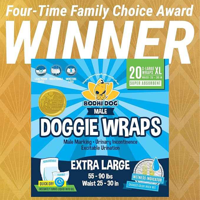 Bodhi Dog Disposable Male Dog Diapers - Super Absorbent, Leak-Proof Pee Wraps - Adjustable Fit, Comfortable Design, Advanced Moisture Control, and Wetness Indicator - Extra Large (20 Count)