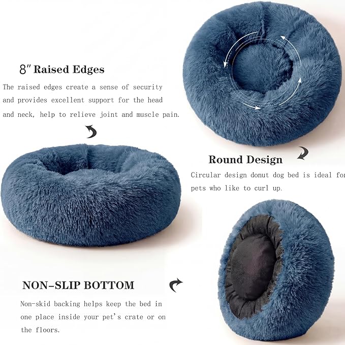 Calming Dog Bed for Medium Dogs Washable Donut 30 inches Anti-Slip Pet Bed,Round Fluffy Plush Faux Fur Cat Bed,Fits up to 45 lbs Pets,Navy Blue