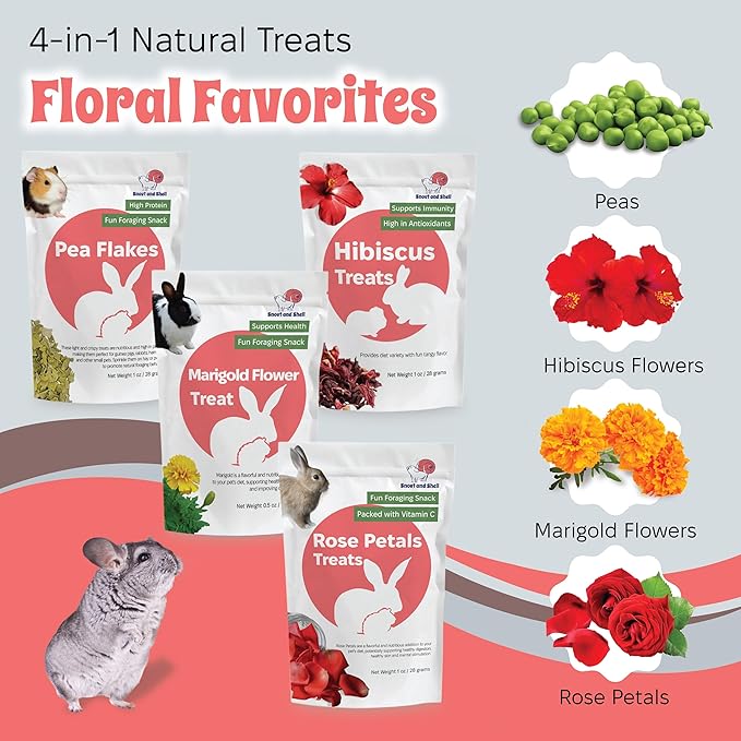 Floral Favorites by Snout and Shell – 4-in-1 Natural Treats for Small Pets – Pea Flakes, Marigold, Rose Petals & Hibiscus – Healthy Snacks for Rabbits, Guinea Pigs, Chinchillas & More
