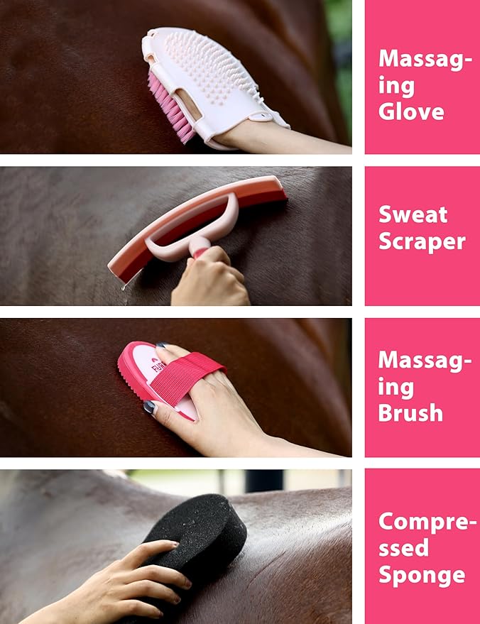 Horse Grooming Kit, 11-Piece Complete Grooming Supplies Set with Curry Comb, Brushes & Hoof Pick for Daily Care, Stable & Show Use Pink Garnet