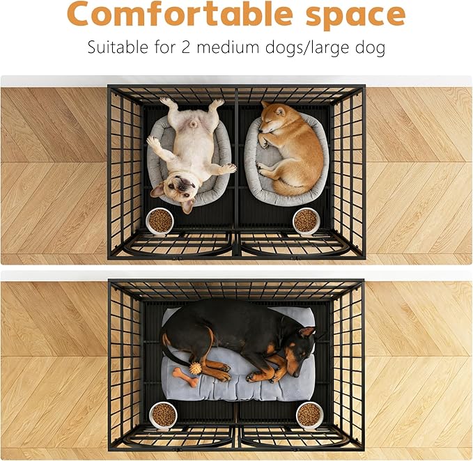 Dosker 42 inch Heavy Duty Metal Dog Crate Cage with Divider for 2 Dogs/Large Dog,All Metal Open Top Escape Proof Cage,Dog Kennel Indoor with Wheels,Floor Grid,Tray,Feeding Bowl