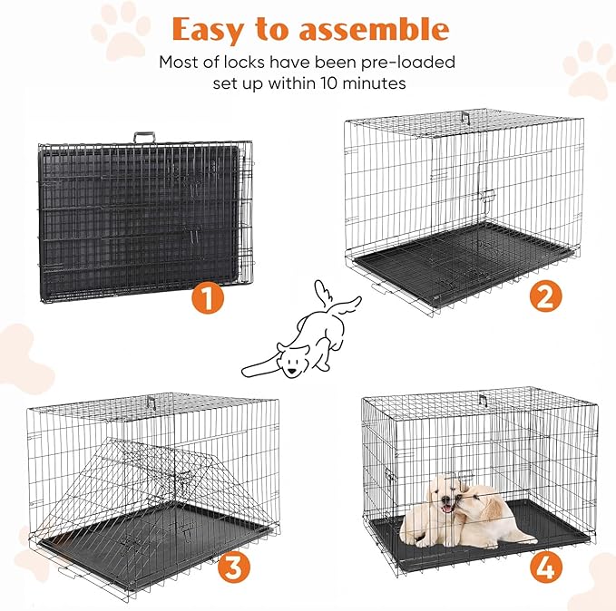 Sweetcrispy Large Dog Crate, 36 Inch Double Door Folding Metal Wire Dog Cage with Plastic Leak-Proof Pan Tray, Pet Kennel for Indoor, Outdoor, Travel