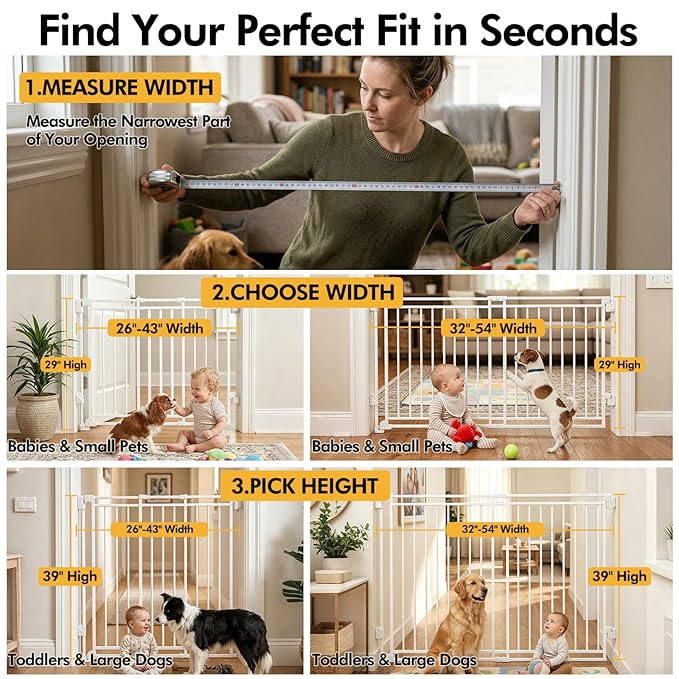 Extra Tall Baby Gate for Stairs Doorways & Kitchen, 26.4"-43" W x 39" H, No Bottom Bar Dog Gate, One-Handed Auto-Close, Hardware Mount Safety Gate for Dogs & Toddlers, White