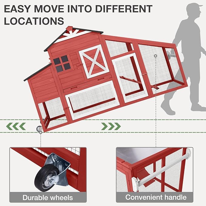 Mobile Chicken Coop with Wheels, Wooden Chicken House with Run, Large Hen Cage with UV Proof Roof and Leak-Proof Tray, Outdoor Chicken Coops with Nesting Box for 2-4 Chickens (Red)