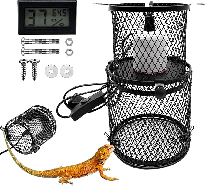 kathson Retractable Reptile Heat Lamp Guard,Reptile Anti-Scald Mesh Cage Protection Lampshades with Thermometers,Ceramic Heat Emitter Lamp Fixture Holder for Snake Lizard Turtle Frog,Without Bulb