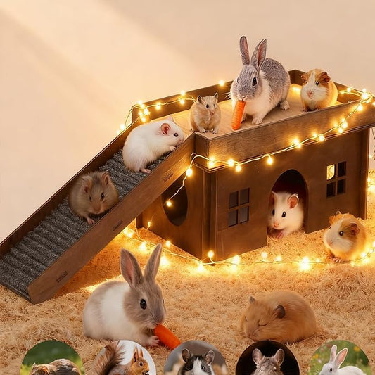 Large Bunny House with Stair, Wooden Bunny Castle Rabbit Hideout, Chinchilla and Guinea Pigs Hut Hideouts, Sturdy Rabbit Cage Hamster Hideout Bed Hutch（Excluding String Lights）