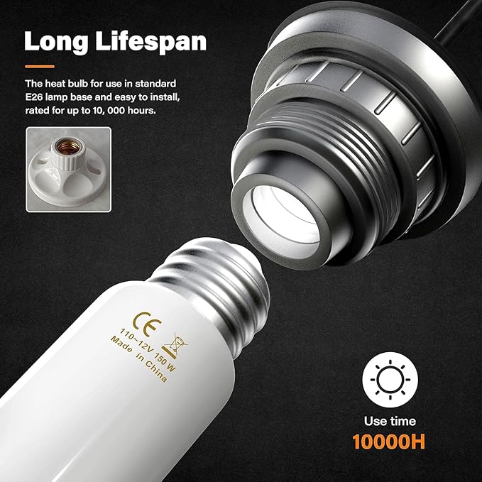 YSSOA 150W Ceramic Heat Emitter, Reptile Heat Bulbs, Ceramic Heat Lamp for Reptiles, Amphibian, Chicken, Dog, Cat, 1 Pack, White