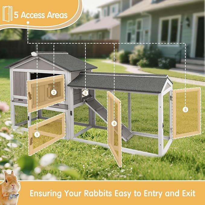 Gowoodhut Rabbit Hutch Indoor Outdoor 57 "L Bunny Hutch with Pull Out Tray,2 Story Wooden Rabbit Cage with Asphalt Roof,Guinea Pig Cage with Ventilation Doors,Ramp for Small Animals(Grey)
