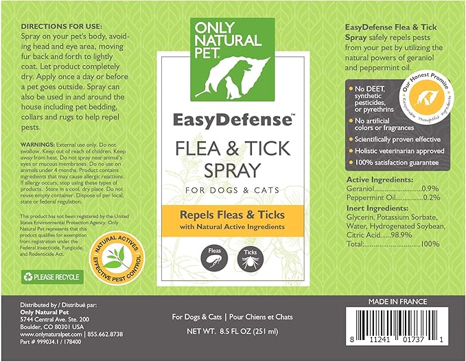 Only Natural Pet EasyDefense Flea and Tick Spray for Dogs and Cats - Natural Active Ingredients Geraniol and Peppermint Oil to Naturally Repel Fleas & Ticks - 8.5 oz Bottle