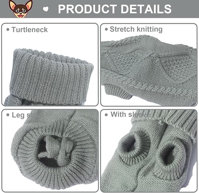 2 Pack Turtleneck Puppy Sweaters Warm Knitted Dog Sweaters for Small Dogs Girl Boy Teacup and Cats Pet Clothes Doggie Apparel Outfits, Grey White, Small(4~6.5lbs)