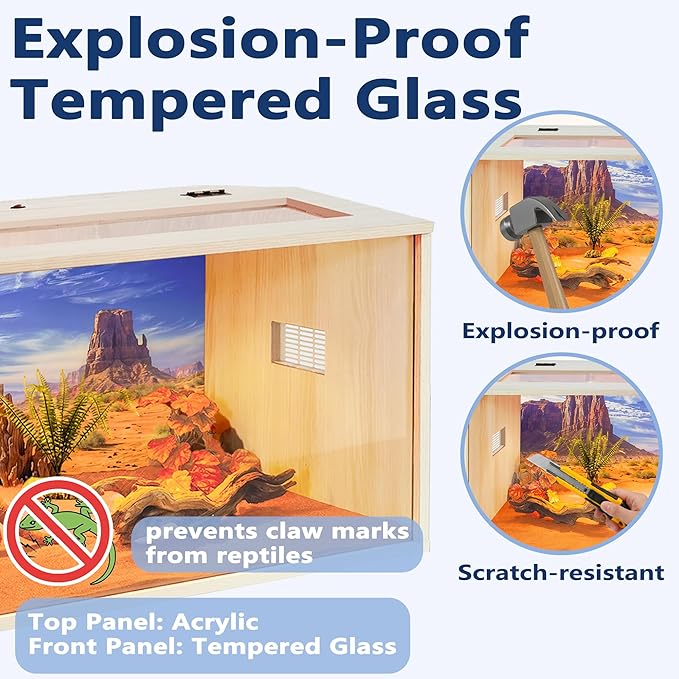 PROLEE Bearded Dragon Tank,Wooden Reptile Tank and Lizard Tank,Tempered Glass Large Bearded Dragon Enclosure with Built-in Lamp Fixture (32X16X16inch,34 Gallons)