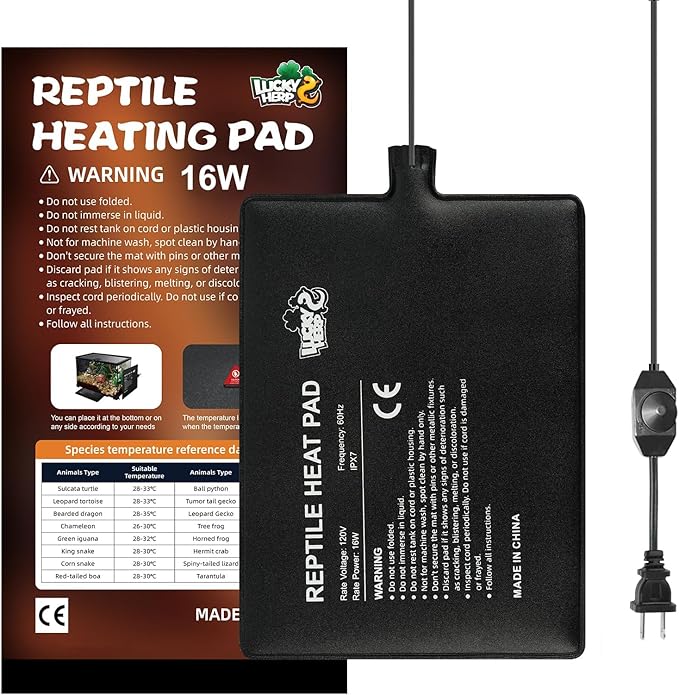 LUCKY HERP Reptile Heat Pad 8x12 Inch 16w, Under Tank Terrarium Heating Pad with Adjust Knob, Reptile Heat Mat for Turtle, Lizard, Hermit Crab, Frog, Snake