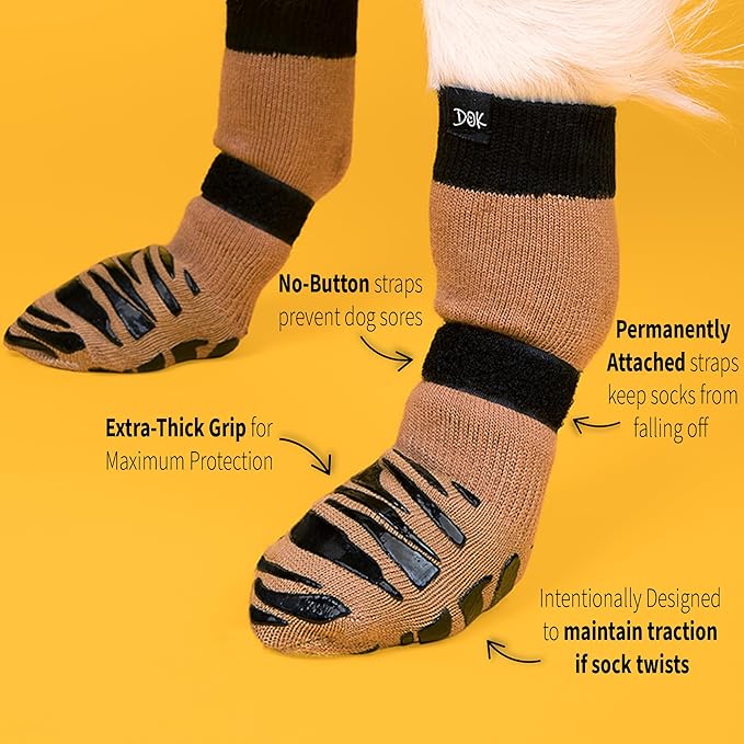 DOK TigerToes Premium Non-Slip Dog Socks for Hardwood Floors - Extra-Thick Grip that Works Even When Twisted - Prevents Licking, Slipping, and Great for Dog Paw Protection (XXL, Cool Caramel)