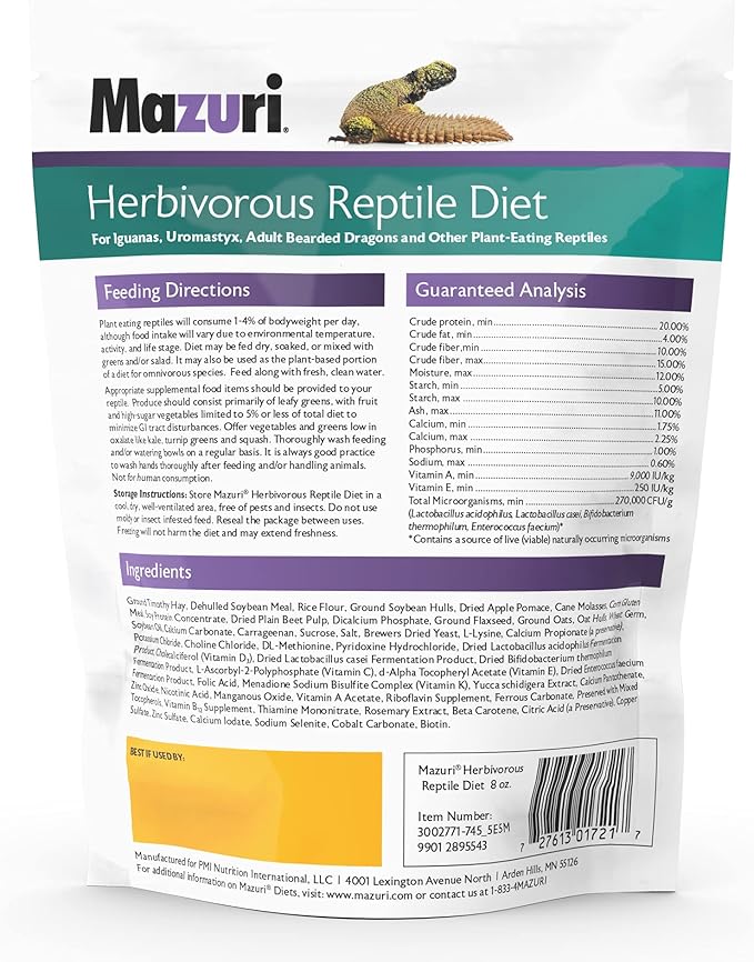 Mazuri® Herbivorous Reptile Diet | Food for Plant-Eating Herbivorous Lizards, Green Iguanas, Uromastyx Lizards | 8 Ounce (8 OZ) Bag
