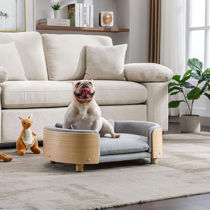 Elevated Dog Bed Pet Sofa with Solid Wood Legs and Bent Soft Backrest, Pet Cat Stool Bed with Velvet Cushion,for Small and Medium Size Dogs Kitten, Mid Size