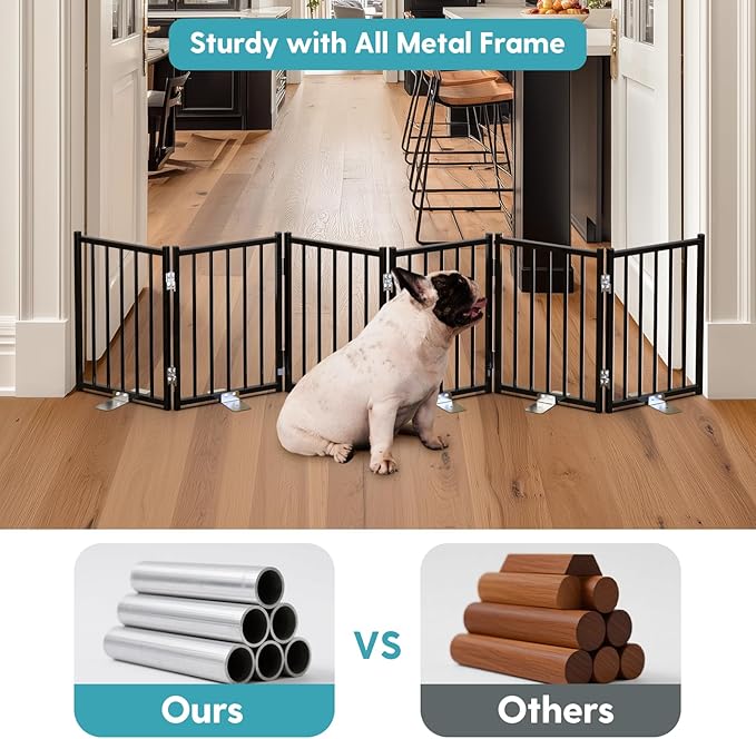 No Pawblems Free Standing Short Dog Gate, 16.5'' Tall Foldable Dog Fence for Indoor & Outdoor, Up to 72 Inch Extra Wide Puppy Gate for Stairs, Hallways, Doorways, Deck, Yard (Black, 6 Panels)