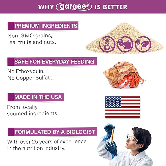 Gargeer Hermit Crab Fruit and Nuts Treat. Non-GMO Yummy Premium Ingredients, to Meet All Nutritional Needs. 2oz Granular Textured ‘Surprise Your Crab’ Meal. Enjoy!