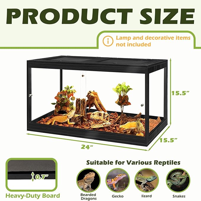 PROLEE Reptile Tank, 31 Gallon Beard Dragon Tank, Tempered Glass Reptile Encloure and Snake Tank with Locking Design for Lizard,Gecko,Chameleon (24"X15.5"X15.5",Black)