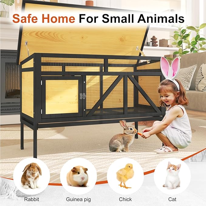 TIMHAKA 46.7" Rabbit Cage Elevated Bunny Cage Indoor, Outdoor Rabbit Hutch Hamster Cages for Small Animals, Wooden Guinea Pig Cages with Removable Tray & Waterproof Asphalt Roof & Bottom Wire Mesh