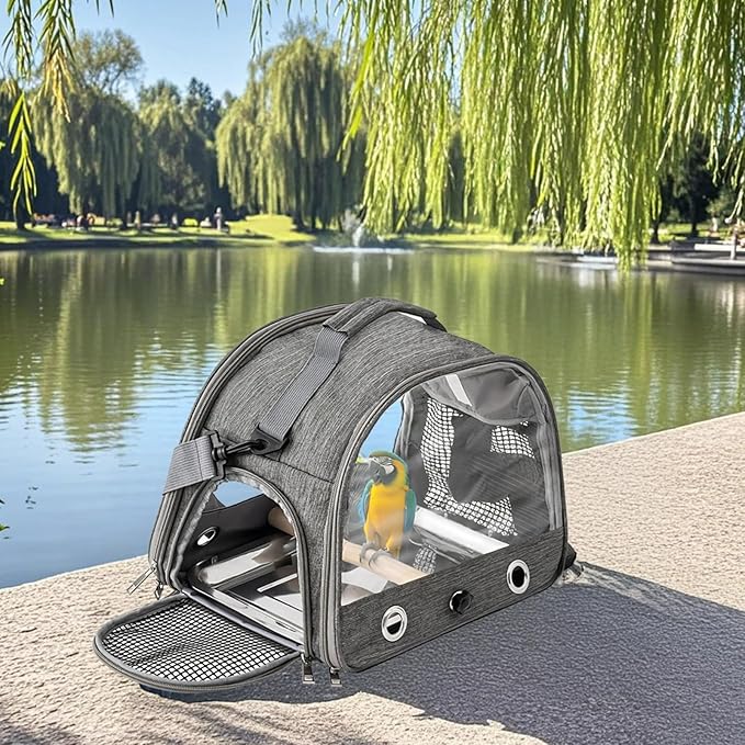 Airline-Approved Parrot Pet Backpack Carrier, Clear Mesh, Adjustable Strap, Stainless Steel Tray for Parrots, Hamsters, and Small Animals