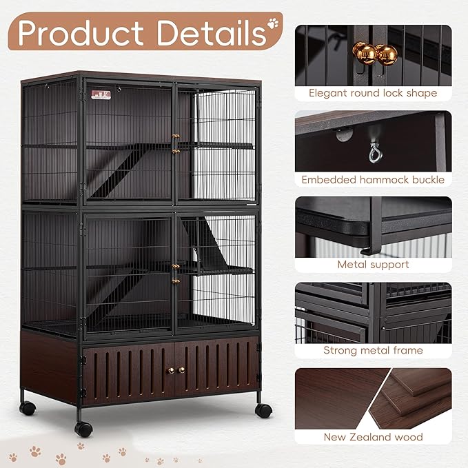 HABUTWAY 60''H Metal Large Ferret Cage, Rolling Chinchilla Cage with Removable Ramps& Double Door, with Locker, Small Animal Cage, Rat Indoor Wooden Pet Crate Furniture