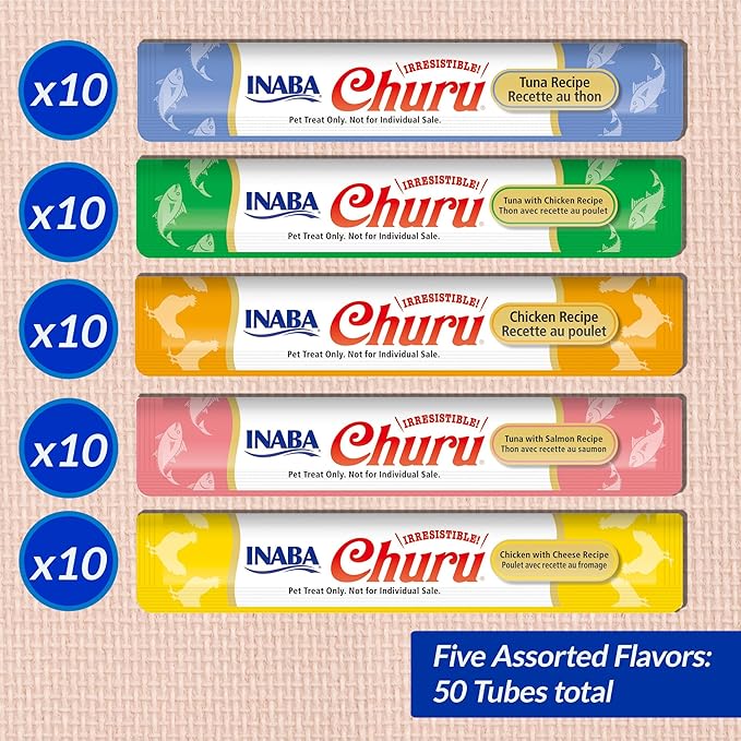 INABA Churu Cat Treats, Lickable, Squeezable Creamy Purée Cat Treat with Green Tea Extract & Taurine, 0.5 Ounces Each Tube, 50 Tubes, Tuna & Chicken Variety - Image 6
