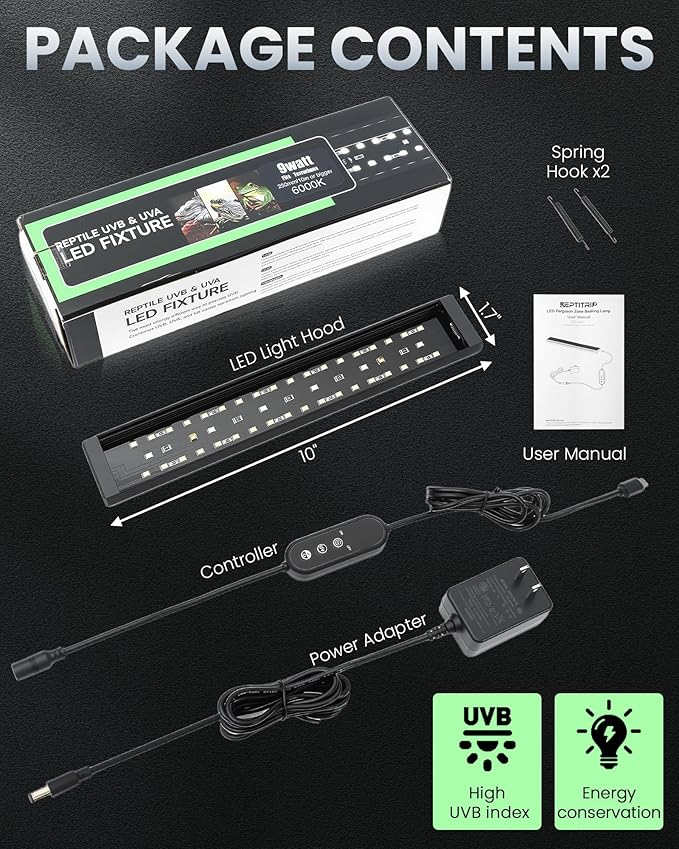 9.8 Inch Reptile LED UVB Light, Ferguson Zone 1-4 Selectable, Auto Cycle Timer, Independent Brightness Adjustment, 9W 6000K Energy-Saving Reptile Lamp (Not a Heat Lamp)