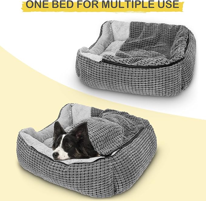 GASUR Dog Beds for Large Medium Small Dogs, Rectangle Cave Hooded Blanket Puppy Bed, Luxury Anti-Anxiety Orthopedic Cat Beds for Indoor Cats, Warmth and Machine Washable (25 inches, Grey)