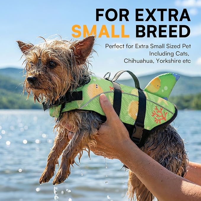 Queenmore Dog Life Vest S, Small Dog Life Vest for Swimming and Boating, Lightweight Dog Shark Life Jacket with Rescue Handle/Leash Hook/Reflective Strips