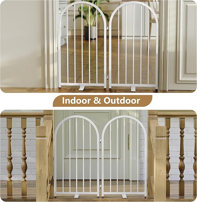 PUPETPO Full Metal Dog Gate for Indoor Outdoor, 32" Tall Free Standing Pet Dog Fence, 36" Wide Arched Pet Gates for Stairs, Hallways, Doorways, Kitchen, Decks, Yards (White, 2 Panels)