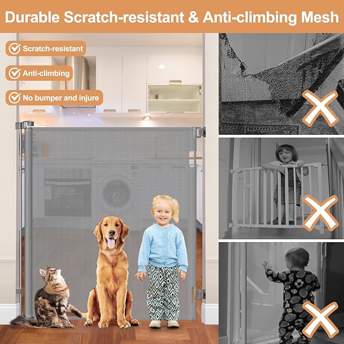 48" Extra Tall Retractable Dog Gate Indoor Prevent Your Baby/Dog/Cat from Jumping Over 55" Wide Extra Tall Retractable Baby Gate for Doorway Mesh Gates for Kids or Pets Puppy Gates for the House, Gray