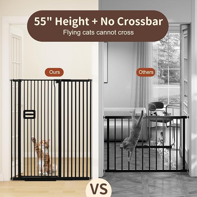 SMONTER 55" High Extra Tall Baby Gate, Safety Cat Gate for Doorways, Expands to 42.9"-46.9" Wide, Auto Close Dog Gate, No Drilling Pressure Mounted Cat Fence, Pet Gate Indoor for Stairs, Black