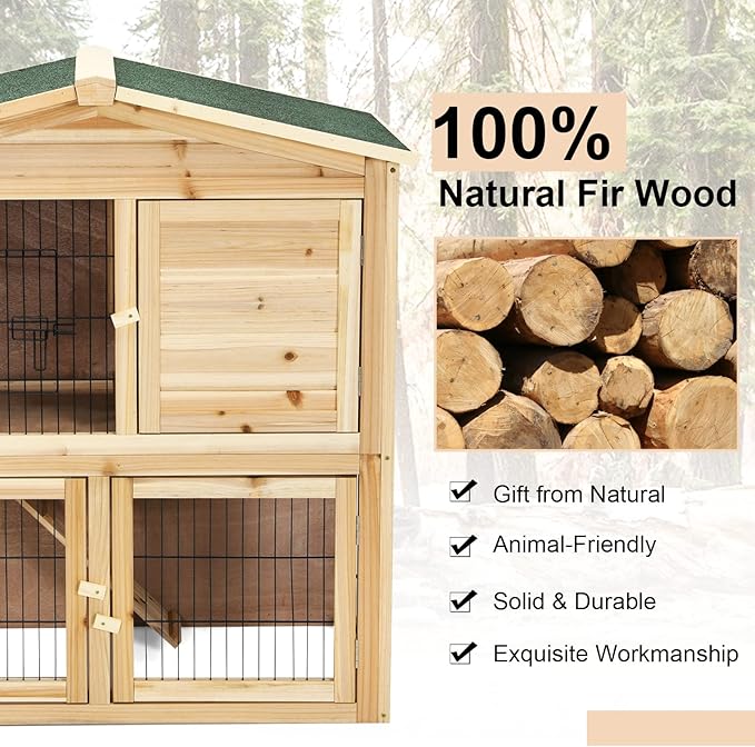 Tangkula Wood Chicken Coop and Rabbit Hutch, Indoor Outdoor Bunny Hutch with Ramp & Run, Hen Guinea Pig Cage with Waterproof Roof Ventilation Door, Pet House for Small Animals, 40 x 18.5 x 35.5 Inch