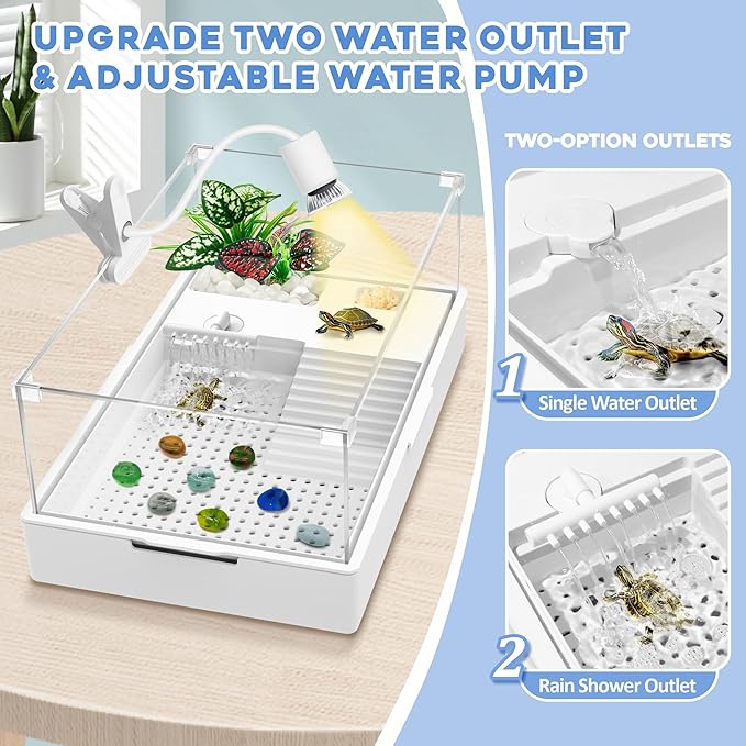 GOZILLA Large Turtle Tank Kit+Water Pump, Acrylic Turtle Tank Starter Kit with Adjustable 5W Water Pump and Two Shower Heads, Multi-Functional Area for Small/Medium Turtles(Large-White Kit)