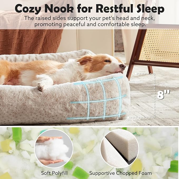 JOEJOY Dog Bed Medium Size Dog, Removable Washable Cover Orthopedic Soft Pet Bed, Anti-Slip Fluffy Plush Faux Rabbit Fur Puppy Bed, 30"x24"x8", Leopard Print, Beige