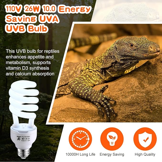 VIHOSE 3 Pcs Reptile Heat Lamp Combo, Include 100w UVA Day Heating Lamp and Infrared Heat Bulb, 26w Energy Saving UVB Bulb, Basking Light for Reptiles Bearded Dragon Turtles Snake Lizard