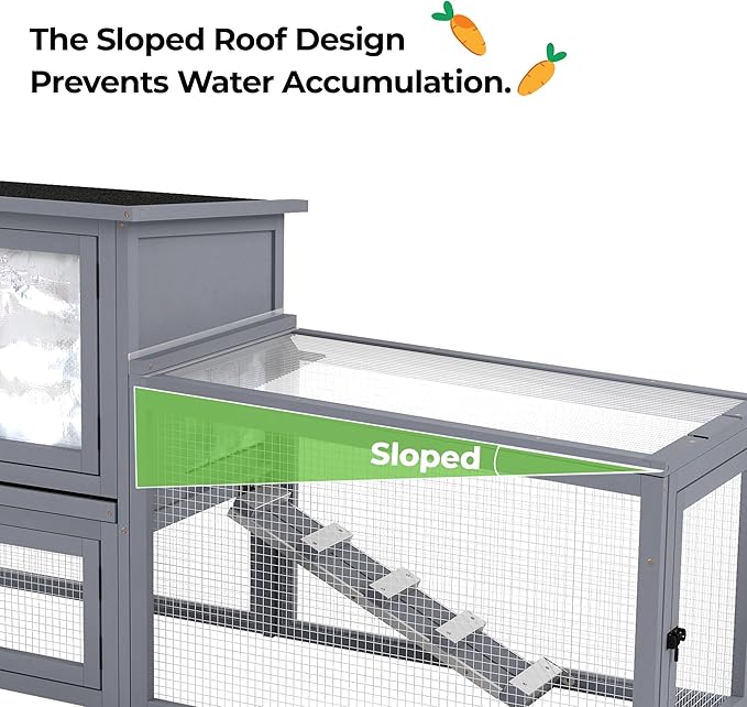 COZIWOW Large Wooden Rabbit Hutch Outdoor Indoor Bunny Cage, 2-Level Small Animal House Enclosure with All-Covered Sloped Roof (Grey with Warm)